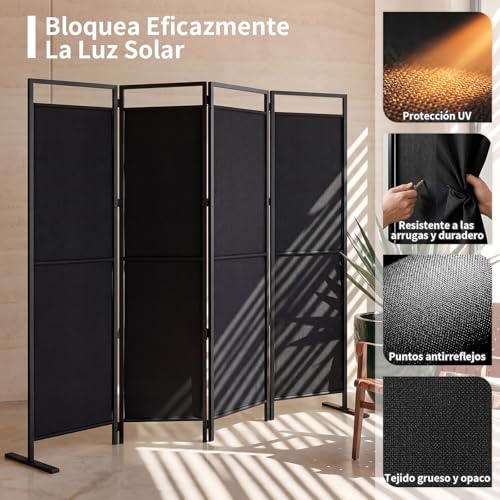 SIMPLE ESPACIO Biombo de privacidad Plegable de Cuatro Paneles, Base ensanchada, Divisor portátil, Dimensiones del Panel 175 cm de Ancho x 170 cm de Alto (Negro)