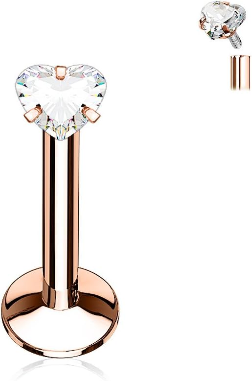 MoBody 16G Heart Cubic Zirconia Labret Piercing Stud 16G Clear CZ Internally Threaded Monroe Lip Ring Helix Earring
