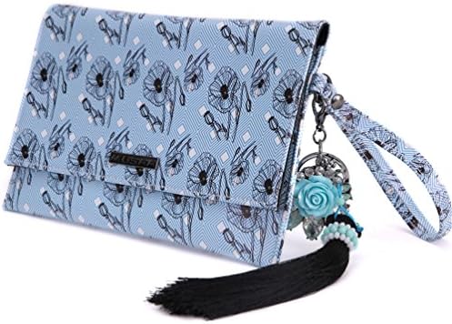 MUSSA Unique Printing Design Handbag PU Leather Makeup Bag Cosmetic Bag Wallet &amp; Phone Bag With Flower Pendant Keychain (Blue)