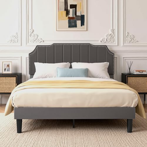 VECELO Queen Size Velvet Upholstered Platform Bed Frame with Nailhead Trim,Tuft…