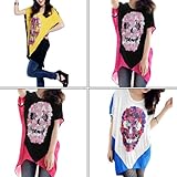 Allegra K Women Sheer Back Batwing Sugar Skull T Shirt Loose High Low Tops