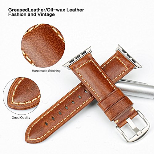 MAIKES Oil Wax Leather Strap Replacement for Apple Watch Band 44mm 40mm 42mm 38mm Series 4 3 2 1 iWatch Watchband Compatible with Apple Watch(42mm, Light Brown+Silver Buckle)