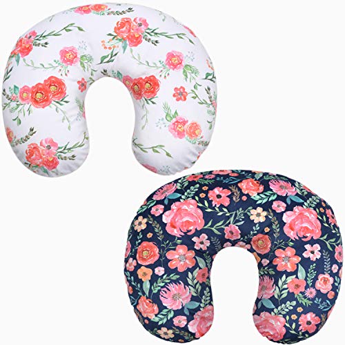 BORITAR Minky Nursing Pillow Covers 2 Pack, Super Soft Breastfeeding Pillow Slipcover with Pink Floral Multicolor Floral Printed and Pink Dotted Backing