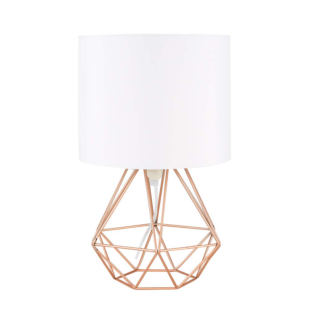 Euro Modern Copper Metal Basket Cage Style Table Lamp with a White Fabric Shade