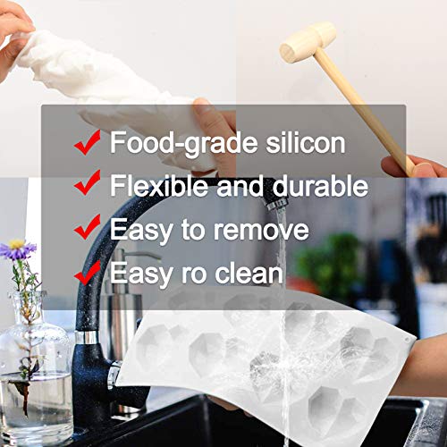 Diamond Heart Cake Mold Silicone Bakeware, Love Shaped Chocolate Molds, 2 Pieces Wooden Hammers, Non-Sticky Dessert Cookie Mold for Home Kitchen Valentine Mother\'s Day DIY Baking Tools