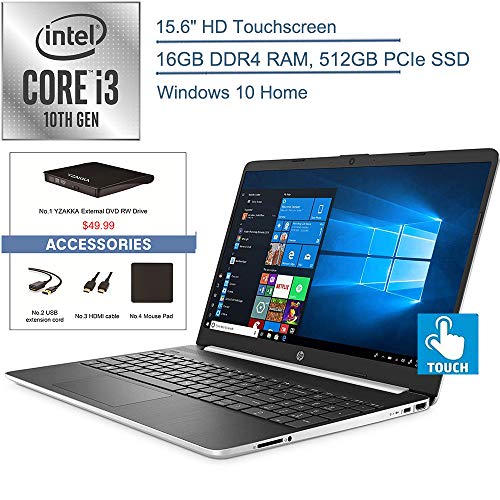2020 HP 15.6″ Touchscreen Laptop Computer/ 10th Gen Intel Core i3 1005G1 Up to 3.4GHz (Beat i5-7200u)/ 16GB DDR4 RAM/ 512GB PCIe SSD/ HDMI/ Windows 10 + YZAKKA External DVD+ Accessories
