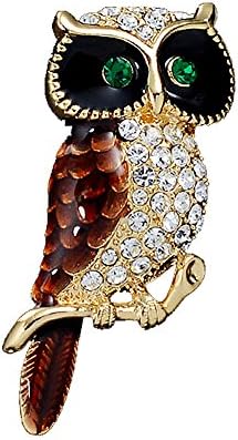 OUDUO Women's Enamel Artificial Crystal Night Owl Brooch Pin Brown