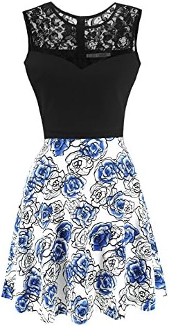 Heloise Fashion Women's A-Line Pleated Sleeveless Little Cocktail Party Dress Black Lace Blue Roses (S, Black Top)