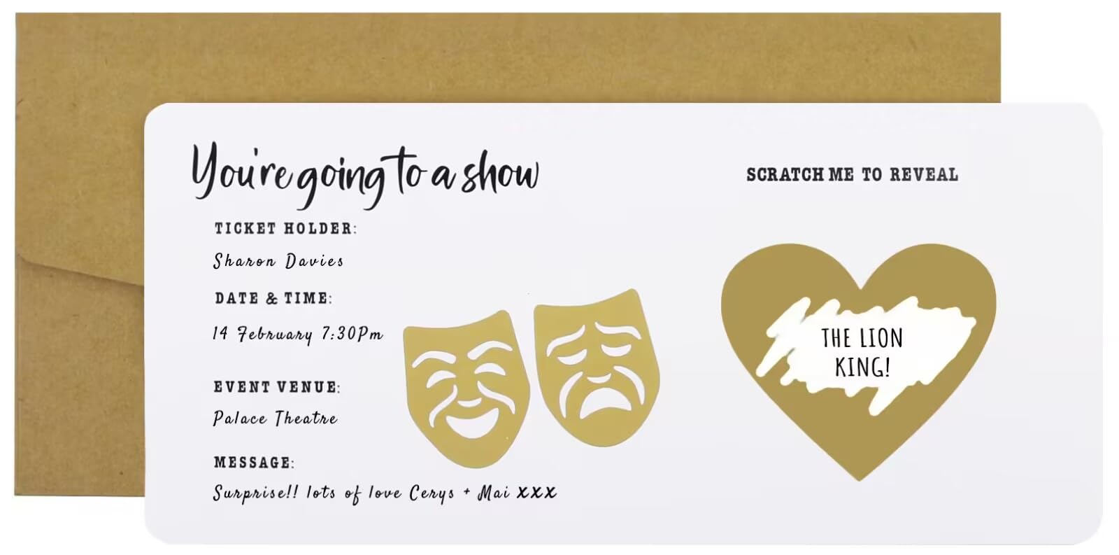 CJ&M Personalised Scratch Surprise Theatre Ticket, Show Reveal Ticket, Surprise Theatre Ticket Keepsake, Fake Ticket