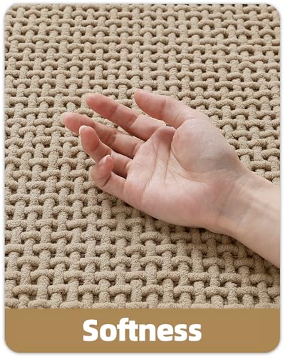 Color&Geometry Beige Chenille Bathroom Rugs 44x75 cm- Non Slip, Absorbent, Quick Dry, Washable Bathmat Fit Under Door, Thin Bath Mats for Washroom Floor, Woven Shower Mat Outside Shower