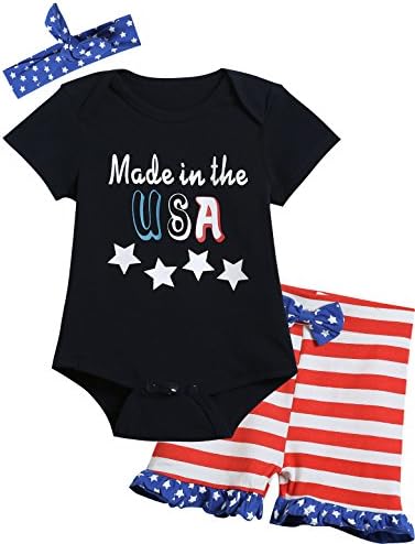 Yruiz 3PCS Baby Girls' 4th of July Outfit Set Funny Print Romper American Flag Shorts with Headband (6-12 Months)