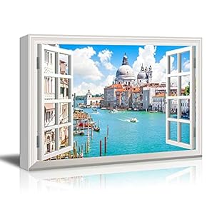 Canvas Wall Art - Window Peering into a River with Colorful Buildings and a Church - Giclee Print Gallery Wrap Modern Home Art Ready to Hang - 12x18 inches
