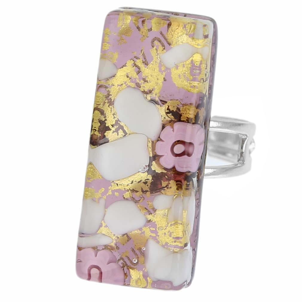 Glass Of Venice Murano Glass Venetian Reflections Rectangular Adjustable Ring - Purple Gold