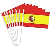 20 Pack Small Spain Flags on Stick, 5x8'' Handheld Spanish Flag, 12'' Plastic Staff, Double-Sided Printed Polyester, Waterproof Fade-Resistant for Independence Day, Parades, Patriotic Events