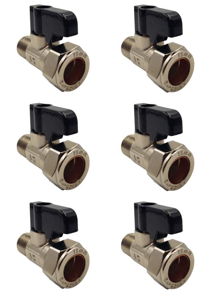 Aumix 15mm x 12mm Isolating Valve with Handle UK Compression Fittings Adaptor EN1254-2 for Kitchen Bathroom Mixer Taps with 3/8" Tails - 6 Pieces