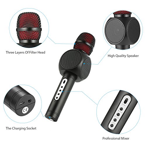 Wireless Bluetooth Karaoke Microphone, Fede 3-in-1 Portable Karaoke System with Two Built-in Speakers for Home KTV, Outdoor and Birthday Party. Work with Apple iPhone Android Smartphone or PC Black