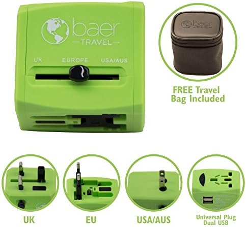 Worldwide Travel Adapter &amp; Charger by Baer, 2 USB Super Fast Charging Ports, Universal Outlet, International Standard Cell Phone/Computer/Laptop/Tablet/GPS Chargers, For USA UK EU AUS w/ FREE pouch