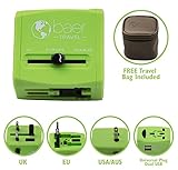 Worldwide Travel Adapter & Charger by Baer, 2 USB Super Fast Charging Ports, Universal Outlet, International Standard Cell Phone/Computer/Laptop/Tablet/GPS Chargers, For USA UK EU AUS w/ FREE pouch