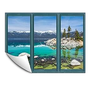 Wall Murals for Bedroom Fake Window Beach Blue Window Removable Wallpaper Peel and Stick Wall Stickers - 24x32 inches