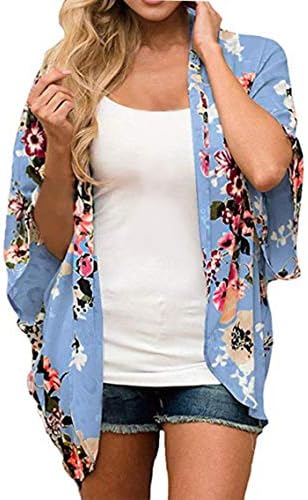 Finoceans Womens Floral Chiffon Kimono Cardigans Loose Beach Cover Up Half Sleeve Tops