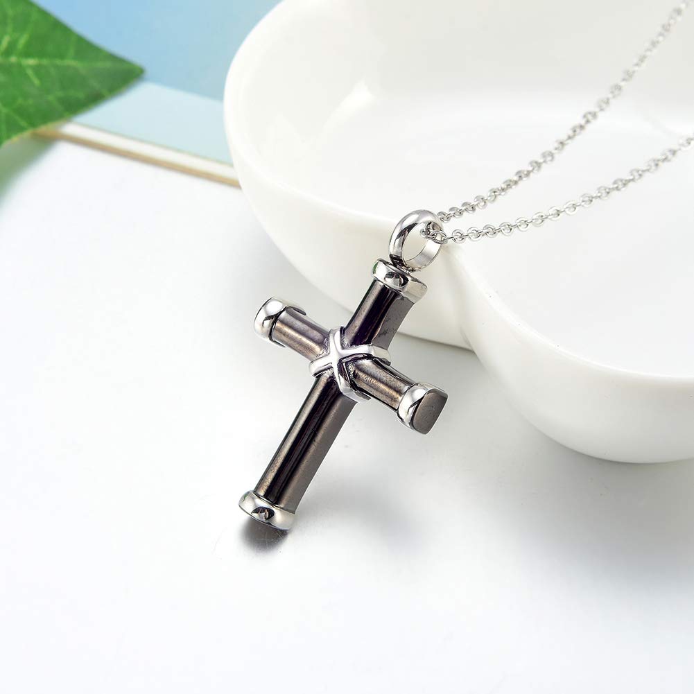 W/W Lifetime Cross Necklace for Women Ashes Urn Memorial Pendant Perfume Bottle Necklace Stainless Steel Cremation Jewelry (Black)