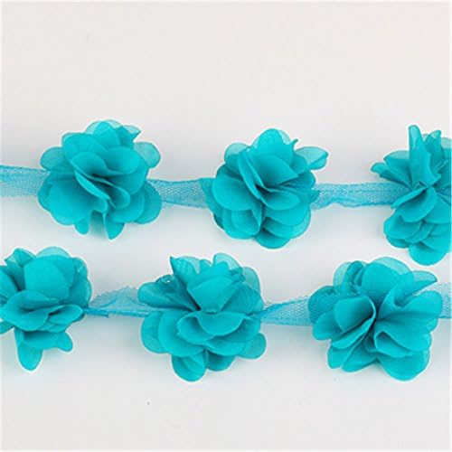3D Chiffon Cluster Flowers Lace Dress Decoration Lace Fabric Applique Trimming Sewing Supplies 2Yards skyblue