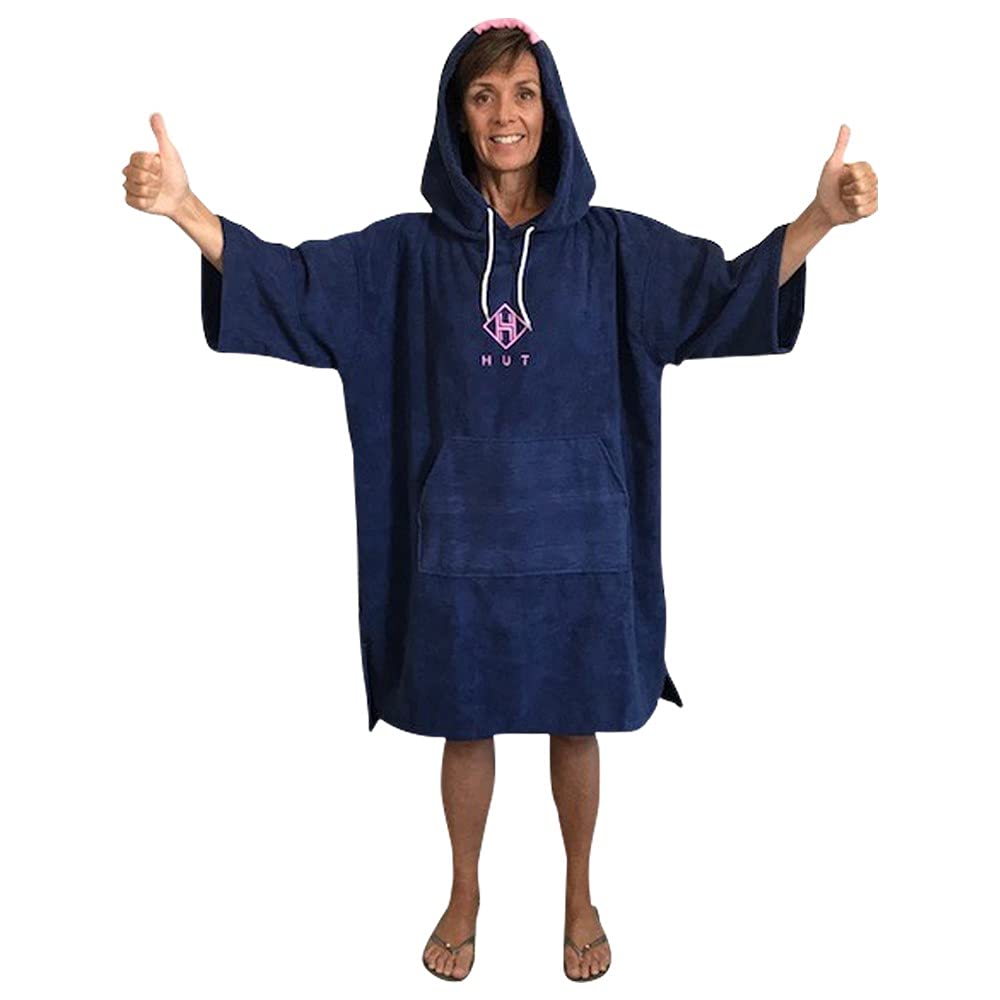 HUT Premium Hooded Changing Robe Poncho for Swim/Beach/Open Water Swimming - Quick Drying Light Microfibre Poncho for Women and Men - Blue/Pink (Small)
