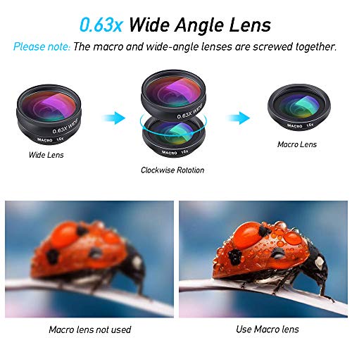 Orlegol Objectif Smartphone, 10 en 1 Téléphone Caméra Lentille Kit, 198° Fisheye, 0.63X Objectif Grand Angle, Macro…