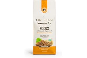 BareOrganics Artisan Ground FOCUS Bagged Coffee with Superfoods, Medium Roast, Non-GMO & Gluten-free, Ginkgo, Ashwagandha & Lion’s Mane Mushrooms, 10 oz