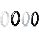 Pinannie 4-Pack Hypoallergenic Ceramic & Enamel Ring Set, 3mm Wide Black & White Wedding Bands for Women & Men, Unisex Comfort Fit Jewelry Gift for Her & Him