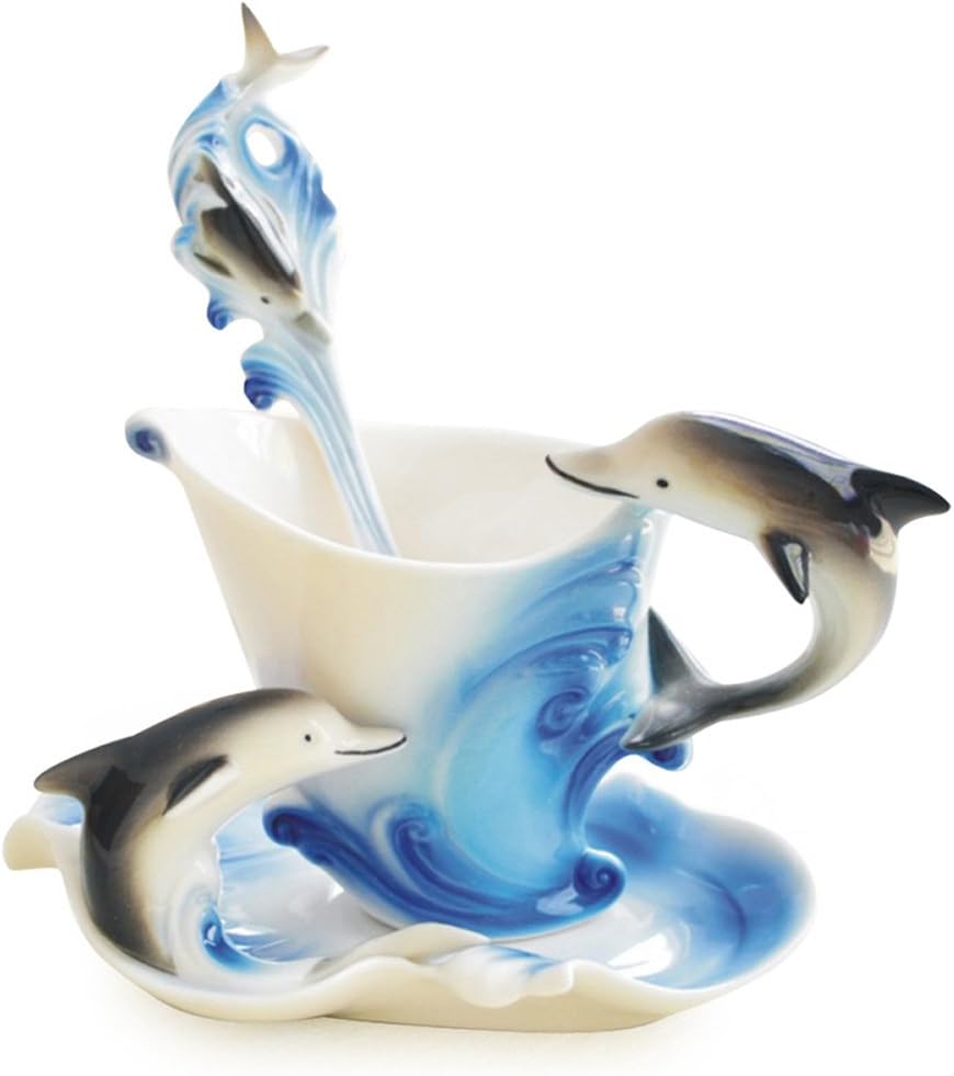 Yosou Home Personalized Unique Custom Design Porcelain Tea Cup and Saucer with Spoon Set Coffee Cup Mug 3D Dolphin Theme Romantic Creative Gift -Blue