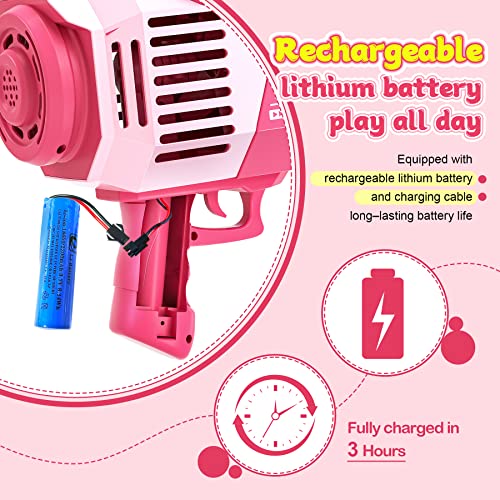 Bubble Machine Gun, Upgraded 132 Holes Bubble Gun with Lights/Bubble Solution, Bubble Maker for Kids Boys Girls Adults Outdoor Indoor Birthday Wedding Party Gifts,Pink