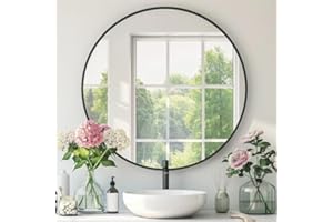 Mfring Black Round Mirror, Black Round Mirror 28 inch, Metal Frame, Circle Wall Mounted Mirrors for Bathroom, Living Room, Be