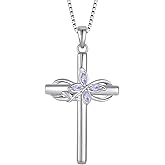Inpasne Cross Necklace for Women 925 Sterling Silver Butterfly Cross Pendant Necklace Birthstone Jewelry Gifts for Her