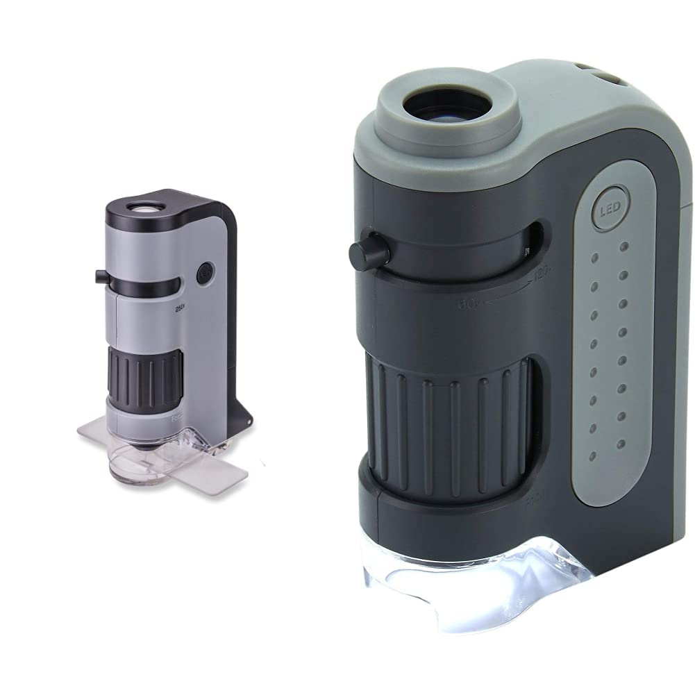 Carson MP-250 MicroFlip 100-250x LED Lighted Pocket Microscope with Smartphone Digiscoping Adapter Clip, Grey & MM-300 MicroBrite Plus 60-120x LED Lighted Pocket Microscope, Grey