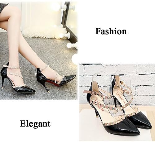 Unang Women Stilettos Rivet Slingback Studs Straps Stilettos Pumps Pointed Toe Sandals (US7.5, Black A)