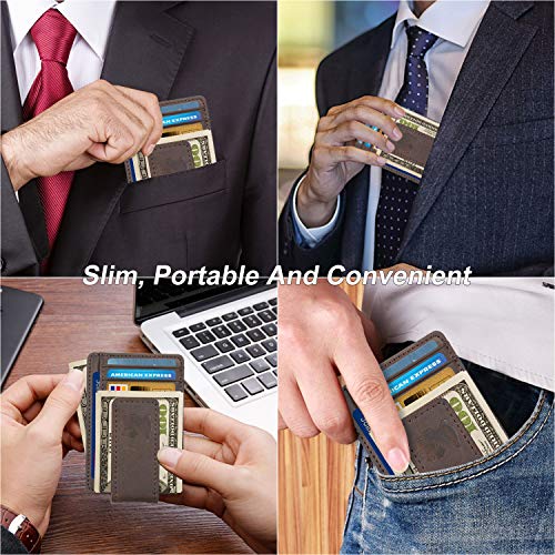 Mens Money Clip Wallet Leather Slim Front Pocket Magnetic RFID Money Clip Wallet (Brown)