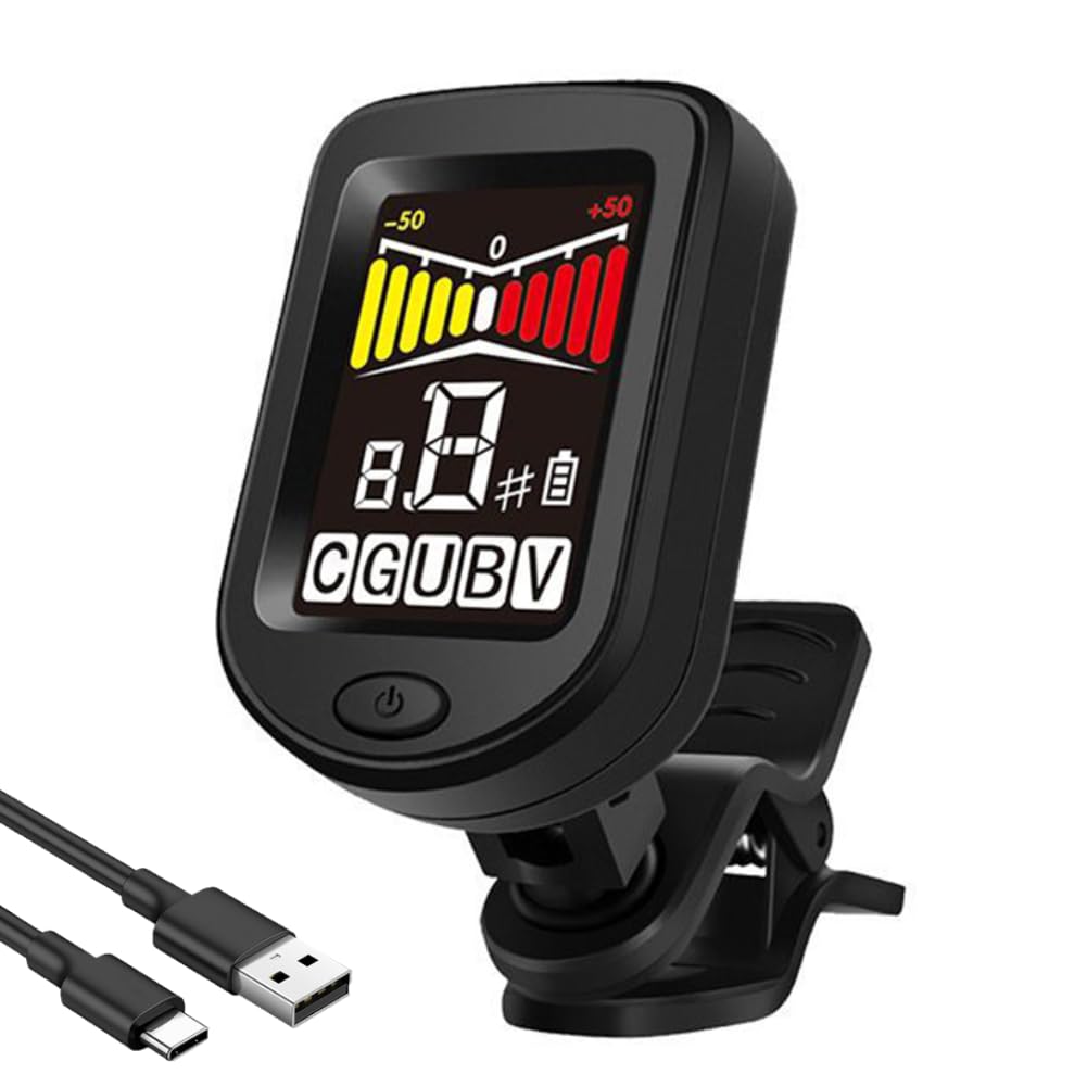AMFUN Guitar Tuner Rechargeable, Guitar Tuner Clip On, Digital Tuners of Guitar Accessories with LCD Color Display, Guitar Tuner Clip On with Type-C Cable, for Acoustic Guitar, Bass, Violin, Ukulele