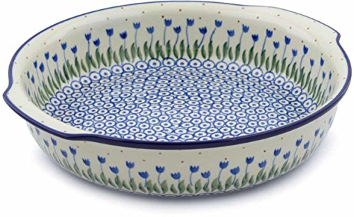 Click Here to See More Images Polish Pottery 11-inch Round Baker with Handles made by Ceramika Artystyczna (Water Tulip Theme) + Certificate of Authenticity