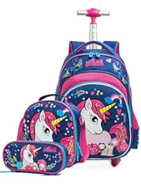 Meetbelify Girls Unicorn Rolling Backpacks Kids Backpack with Wheels for Girls School Bags with Lunch Box