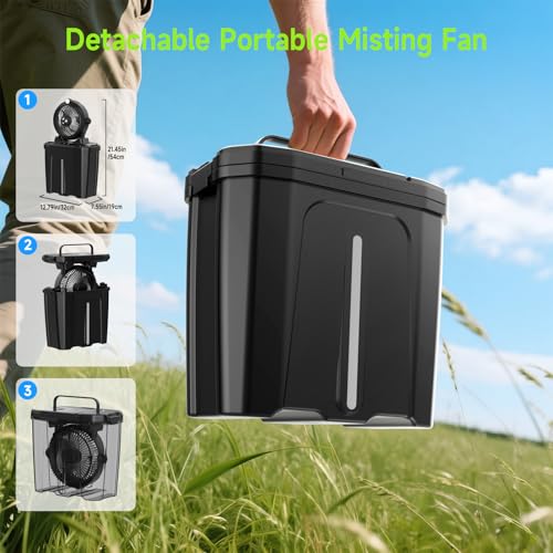 XTTANK Camping Misting Fan with 11L Bucket & LED, 20000 mAh Battery Portable Fan, 3 Speed, 3 Mist Modes, 45° Vertical Oscillation, Camping/Fishing/Travel