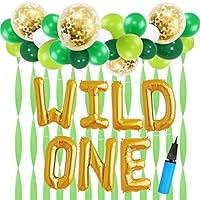 16 INCH WILD ONE Kids First Birthday Balloons with 18 Inch Big Gold Confetti Balloons, Baby Girl Boy 1st Bday Party Supplies with Air Pump