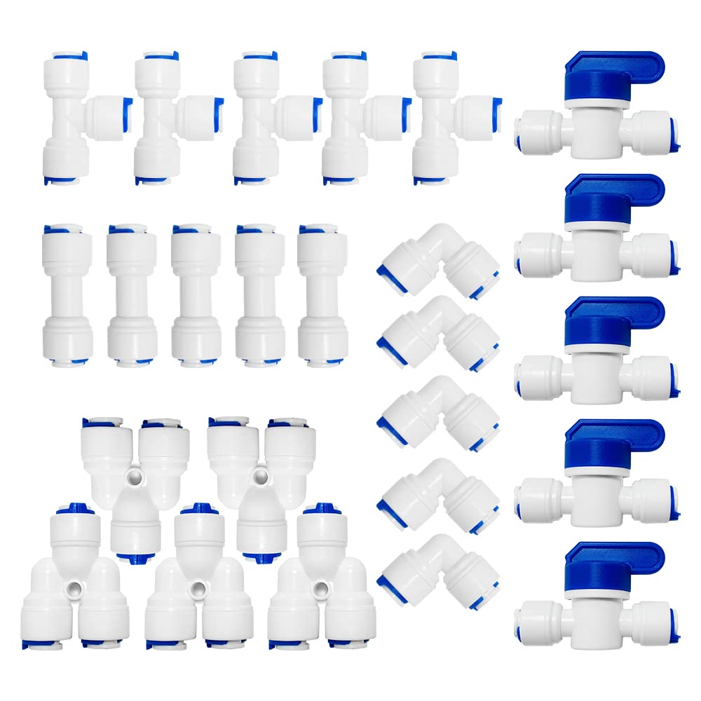 PAROAD Pack of 25 Water Filter Fittings, Water Inlet Pipe, Universal Connection Set, 3/8 Inch Hose Connections and Inline Shut-off Valve, for Fridge Hose, Water Hose (T + I + L + Y Type Combo)