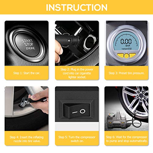 Foxnovo Air Compressor Pump, Digital Tire Inflator 150 PSI DC 12V Low Noise Tire Air Compressor Portable with Larger Air Flow 35L/Min, LED Light, Overheat Protection, Extra Nozzle Adaptors and Fuse - Thumbnail 6