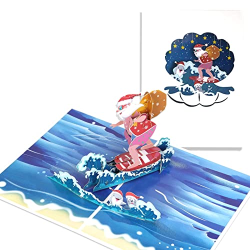 Pop-up Christmas Card 3D Greeting Card Xmas/New Year Handmade Gift With Envelope Christmas Surfer Old Man