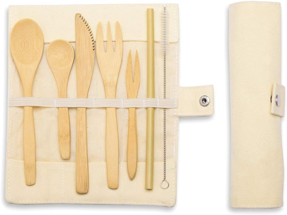 CEEBON Bamboo Cutlery Set, 7 PCS Flatware Set Reusable Utensils with Case for Travel/Camping/Home/School/Office/Picnic