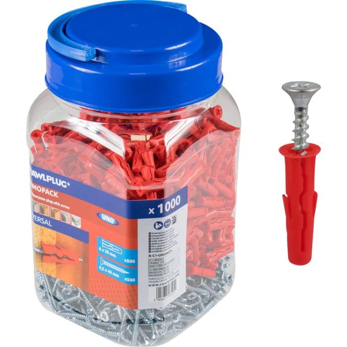 Rawlplug Uno Universal Screws and Wall Plugs Set 6 mm RED | Screws and Rawl Plugs for Plasterboard Masonry Brick Concrete | Solid Wall Plug Anti Rotation Features | Plasterboard Fixings Jar of 500