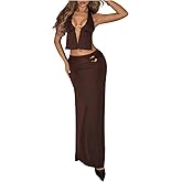Verdusa Women's 2 Piece Rave Outfits Slit Tie Backless Halter Crop Top with Bodycon Skirt Going Out Sets