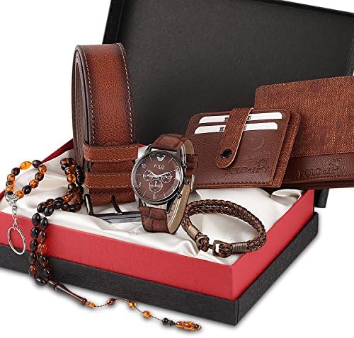 POLO Men's Accesories Set Including Wrist Watch - Belt - Wallet - Credit Card Holder - Key Chain - Bracelet - Bead Rosary