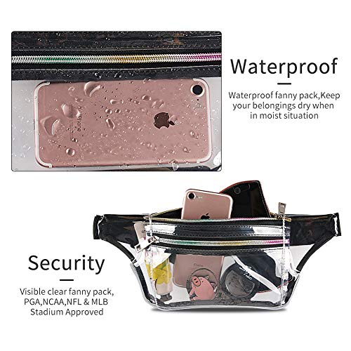 Clear Fanny Pack for Women - Waterproof Transparent Waist Pack for Men NFL & PGA & NCAA Stadium Approved Cute Clear Bag with adjustable Belt Great for Games, Concerts, Rave, Festival (B Clear Black)